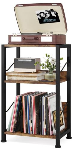Hosfais Soporte para Tocadiscos de 3 Niveles, Almacenamiento de Discos de Vinilo Retro para Sala de Estar, Dormitorio (marrón rústico)