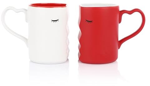 FunX Küssende Tassen 2er Set - Kaffeetassen Geschenk für Männer und Frauen zur Hochzeit, Geburtstag oder Valentinstag - Tassen Set in Geschenkbox Rot/Weiß
