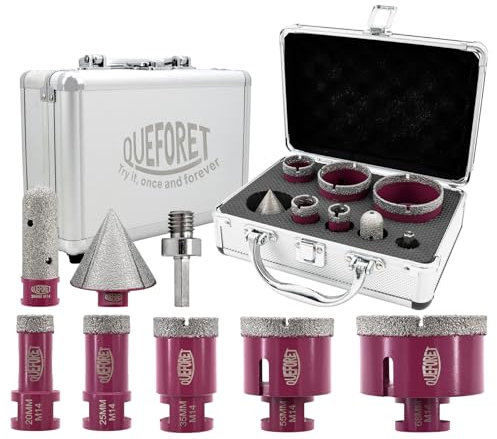 QUEFORET Diamant Fliesenbohrer Set 8 Stücke - 5 Stücke 20/25/35/55/68mm x M14 Bohrkronen, 20mm Fingerfräser, 50mm Fasenfräser, Adapter für Fliesen Keramik Porzellan Marmor Granit