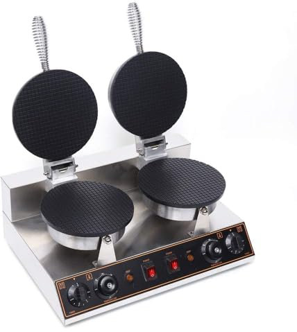 ANGDI Commercial Waffle Cone Maker, Double Head Ice Cream Cone Maker Machine, Stainless Steel Non-stick Egg Roll Making Machine for Restaurant Home Use, Independent Temp & Time Control(1200W+1200W)