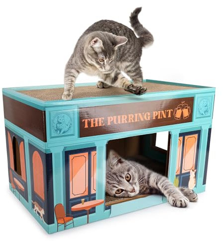 ALL FOR PAWS Katzenkratzer Karton Katzenhaus Faltbares Kätzchenbett Kratzhaus mit Katzenminze für Indoor-Katzen (Purring Pint Scratcher)