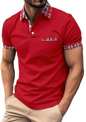 Men's Plaid Collar Golf Polo Shirts Simple Short Sleeve Polo Shirt Business Formal Shirt Lightweight Work Polo Shirts Set-in Neck T-Shirt Casual Polo T-Shirt Athletic Polo Shirt Everyday Wear Red