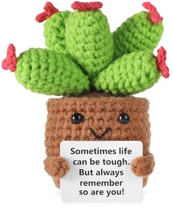 lasuroa Cactus Crochet Doll, Positive Succulent Ornament Knitted Potted Plant Emotional Support Toy Inspirational Cheer up Gifts for Desk Decoration
