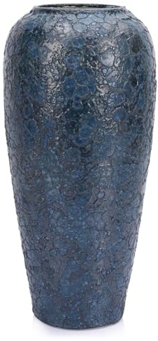 Vaso in ceramica blu alto 33 cm, decorazione rustica in ceramica per centrotavola, contenitore decorativo per fiori, per soggiorno, tavolo, cucina, ufficio o ingresso, grande pezzo di arredamento