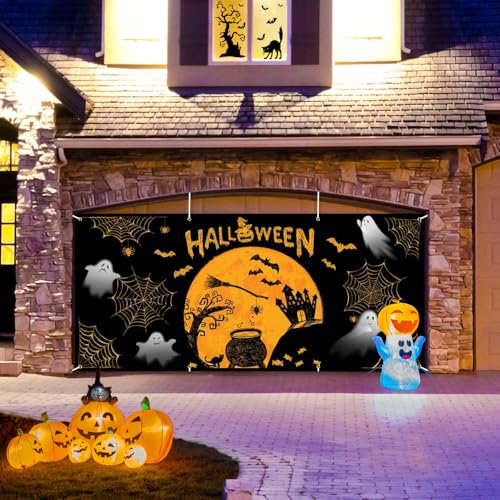 Lofaris Bannière de porte de garage Happy Halloween - 1,8 x 4 m - Jaune et noir - Décoration de porte de garage - Château de sorcière - Toile d'araignée - Toile de fond - Panneau de photographie pour