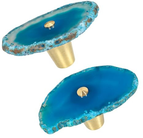 KYEYGWO Natural Blue Agate Slice Cabinet Knobs, Set of 2 Decorative Drawer Pull Handles for Dresser Wardrobe Cupboard