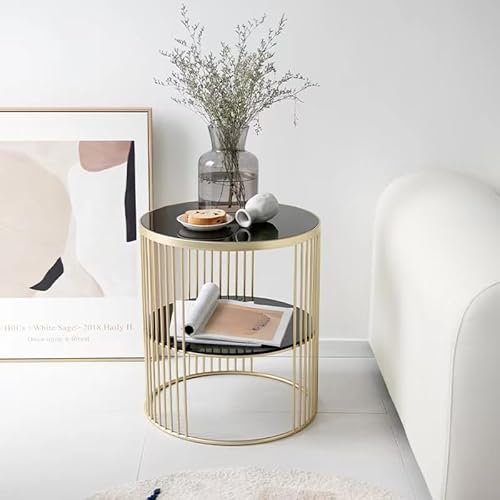 FAME HOME Coffee Table Creative Metal Nordic Luxury Small Round Bedside Side Tables Storage Space Bedroom Sofa Corner Nightstand End Table, Tough Black