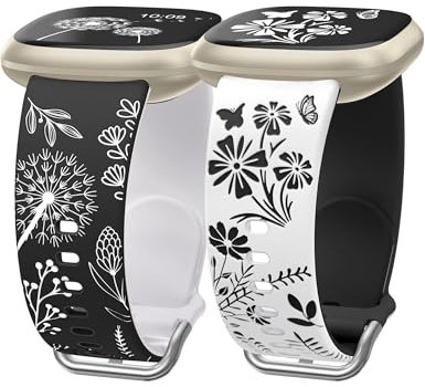 Wearlizer 2 Packs Floral Gravierte Armbänder Kompatibel mit Fitbit Versa 4/Versa 3 /Sense 2/Sense Damen, Zweifarbig Blume Silikon Sportarmband, Schwarz/Weiß &Weiß/Schwarz