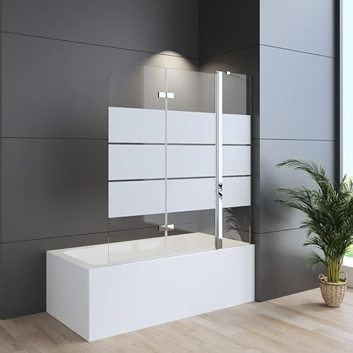 Duschwand für Badewanne 160 x 140 cm 3-teilig Faltbar, Gestreift Glas Duschtrennwand mit festem Segment, Badewannenaufsatz mit 6mm ESG Sicherheitsglas, 160cm breit Duschabtrennung