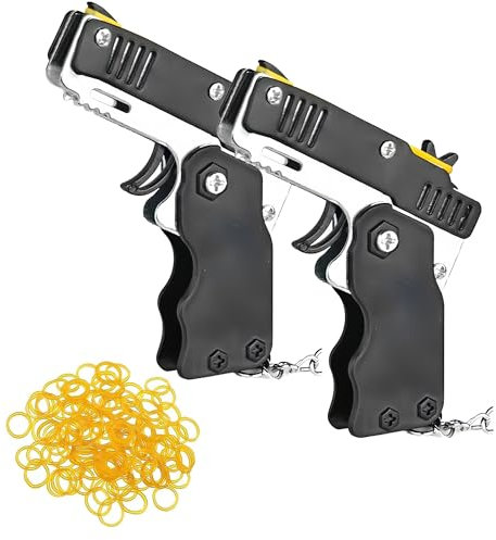 Hioseyre 2pcs Rubber Band Gun With 120 Pcs Soft Elastic Bands - Metal Folding Launcher Keychain for Teens Adults Shooting Outdoor Indoor Activities (Black)