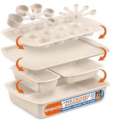Stackable Baking Pan Set - Deluxe Nonstick White Marble Coating, Carbon Steel Bakeware Sets, PFOA, PFOS, PTFE Free, Recipe Booklet Included, Oven Safe (Up to 450°F), Set of 7 - White