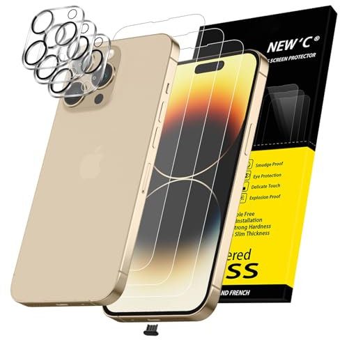 NEW'C 3x for iPhone 14 Pro Screen Protector (6.1 inches)+ 3x Camera Lens Protector, Sensor Protection + Dust Plug - Case Friendly Tempered Glass Film, Ultra Resistant