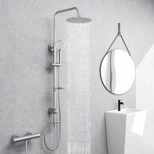 Columna de ducha termostática sistema de baño ducha de mano de 3 modos con estante de jabón para baño y bañera (set redondo grifo)