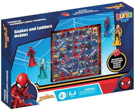 Spiderman Snakes & Ladders - Juego de mesa tradicional de serpientes y escaleras de Spiderman para niños y familia, para 2 a 4 jugadores, a partir de 4 años