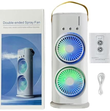 CORPORATE PORIUM Ventilador de mesa de doble pulverización, ventilador de aire frío de 1800 mAh, 3 engranajes, recargable por USB, ventilador enfriador oscilante con luz LED, táctil y control remoto
