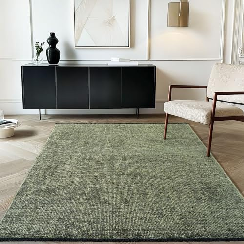 Carpetsale24 Baumwolle Teppich Grün 140x200 cm Waschbar, Boho-Stil, Vintage Kelim, Kurzflor, rutschfest & Weich, Einfarbig Meliert, Für Wohnzimmer, Schlafzimmer, Büro & Küche