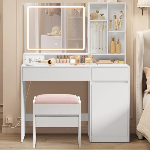 VASAGLE Schminktisch mit Schminkhocker, 110 cm breiter Frisiertisch mit Spiegel, Beleuchtung udn Steckdosenleiste, Sitzhocker gepolstert, wolkenweiß und mattweiß-pastellrosa RDT734W01