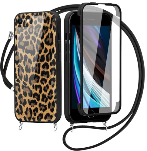 Saqmkil 360 Degré Coque pour iPhone 7/8/SE 2022/SE 2020 4,7'' avec Cordon avec Transparent Protection d'écran Intégré, Aesthetic Motif Etui avec Réglable Collier, Lanyard Full Body Housse, Léopard 01