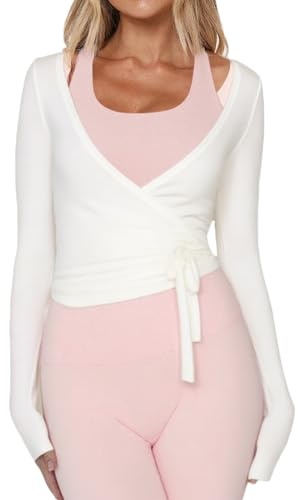 Women Ballet Wrap Top Long Sleeve Self Tie Dance Shirt Pilates Yoga Tops Y2k Workout Active Blouses (US, Alpha, Small, Regular, Regular, White)