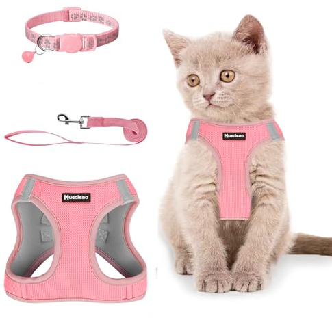 Muecleao Katzengeschirr mit Leine in Waffeloptik, Rosa, S | Waffelstoff-Struktur, Klettverschluss und Klappschließen, Set mit Glöckchen, Rundum Reflektierend, für kleine Katzen