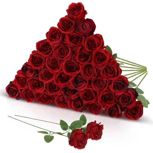 Xialvyu 36 Stück Rot Künstliche Rosen,51 cm Langer Stängel Künstliche Dunkelrote Rosen,Realistische Kunstrosen für Hochzeitsramos,Heimdekoration,Party Arrangements,Hotel und Garten Dekorationen