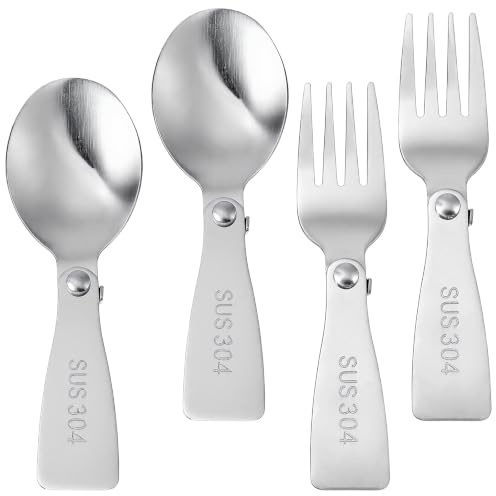 Mabor 4pcs Stainless Steel Folding Spoon and Fork Set, Portable Travel Utensils for Lunch Box, Camping, Picnic & Outdoor Activities
