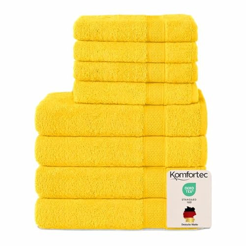 Komfortec Handtuch Set 8 Teilig aus 100% Baumwolle, Gelb | 4 Badetücher 70x140 cm, 4 Handtücher 50x100 cm, Frottee, Flauschig und Saugstark