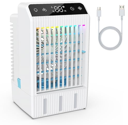 Climatiseur Mobile, 1000ML Climatiseur Portable, Refroidisseur d'air Portable avec Télécommande, USB Rafraichisseur D'air, 2-12H Minuterie, 3 Vitesses, LED 7 Colorées, Maison, Bureau (Blanc)