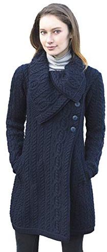 Aran Crafts Women's Cable Knit Soft Collar 3 Button Coat (100% Merino Wool)