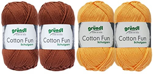 SB Pack Gründl Cotton Fun Häkelset für Topflappen Inhalt 4x50g Material 100% Baumwolle incl. Gratis Häkelanleitung und Häkelnadel (Aprikose, Braun)