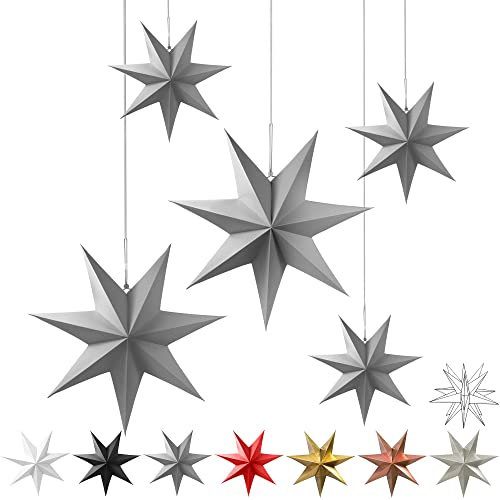 Frau WunderVoll® liebevolle Faltsterne grau 5 Stück: 3 Stück Durchmesser 25 cm + 2 Stück Durchmesser 40 cm 7 Zacken geschlossene Oberfläche Feste Pappe