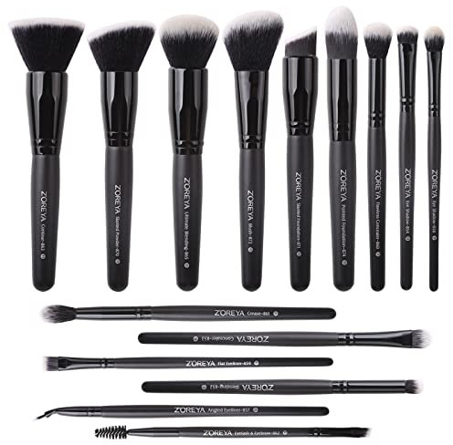 Zoreya Lot de 15 pinceaux de maquillage Kabuki de qualité supérieure avec poils synthétiques doux et sans cruauté envers les animaux, blush, estompage du visage et des ombres à paupières