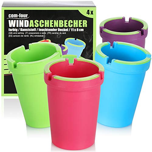 com-four® 4x Aschenbecher für draußen - Windaschenbecher - Sturmaschenbecher mit leuchtendem Deckel - Autoaschenbecher, Ø 8 cm (4 Stück - lila rot blau grün)