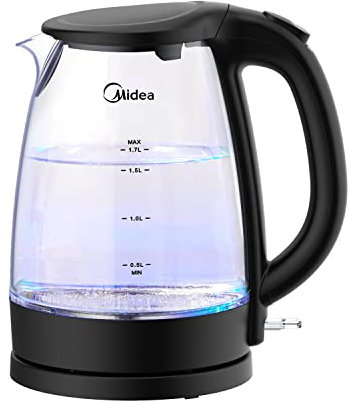 Midea MK-17G02A2 Bollitore Elettrico,Kettle 1.7L,Bollitore Vetro senza BPA, con Indicatore a LED Blu, 2200W Rapida Ebollizione, Filtro Rimovibile,Cavo Raccoglibile,Spegnimento Automatico