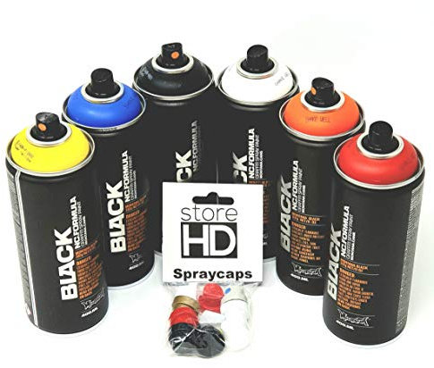 Montana Black Sprühdosen Set, 6 Wildstyle Farben + 10 Ersatzsprühköpfe - 6 x 400ml