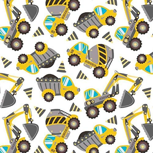 Pingianer Baufahrzeuge Bagger Grau Gelb Weiß, 150x160cm 11,99€/m 100% Baumwolle Baumwollstoff Kinder Meterware Handwerken Nähen Stoff