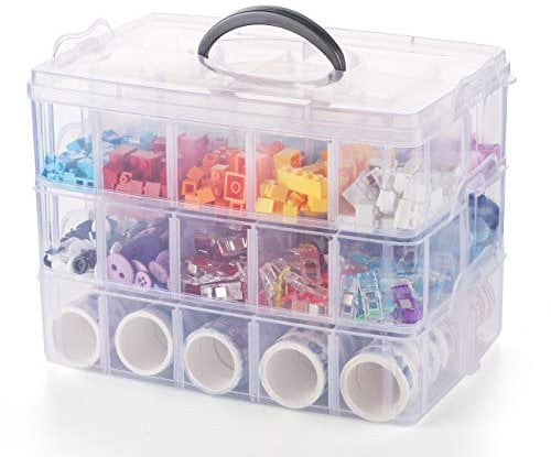 Anstore Bead Storage Boxes with Compartments, Arts and Crafts Organiser Storage, 3-Tier 30 Sections Transparent Stackable Plastic Box Organiser with Handle, Small Compartments Boxes with Lids for Toy