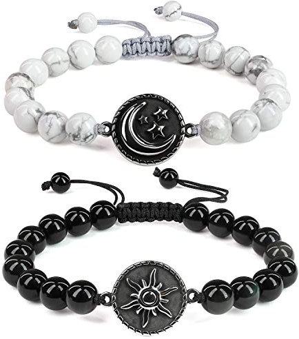 COAI Geschenkideen Yin und Yang Armbänder aus Obsidian und Howlith mit Sonne und Mond Charm für Pärchen