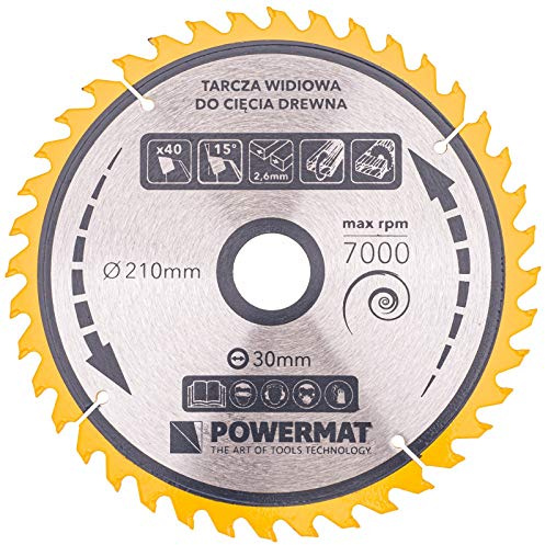 Lame de scie circulaire bois carbure Ø 210 x 30 mm, 7000 tr/min 40 dents | Corps en acier trempé, géométrie ATB à 15° et saignée de 2,6 mm ; denture à choisir selon la coupe souhaitée.