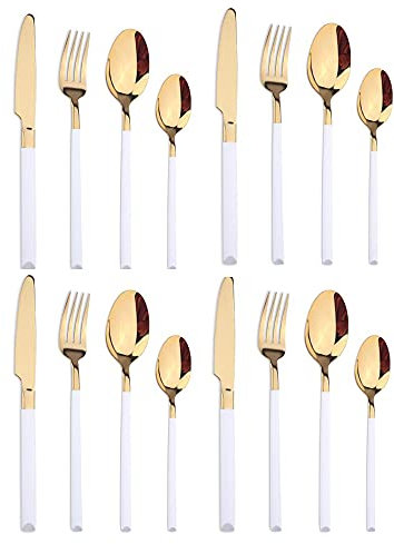 Lot de 16 couverts en acier inoxydable 18/8 - Couteau de table, fourchette, cuillère à thé, couverts pour 4 personnes - Polis miroir - Passe au lave-vaisselle (blanc doré)