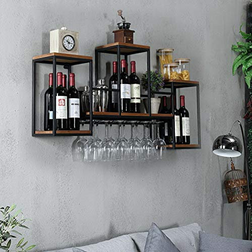 Fetcoi Metallwandregal Home Weinregal Regal Retro Weinregal Eisen Holzregal Restaurant Weinglasregal (Größe: 106x55x20cm)