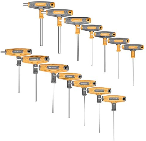 MULWARK Juego de 14 llaves Allen con mango en T métricas y estándar con llave hexagonal de mango en T y juego de destornilladores hexagonales largos con caja de almacenamiento montada en la pared,