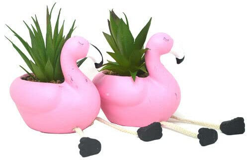 NEW SET OF 2 CERAMIC FLAMINGO POTS WITH SUCCULENTS PLANTS HOME DECOR XMAS GIFT