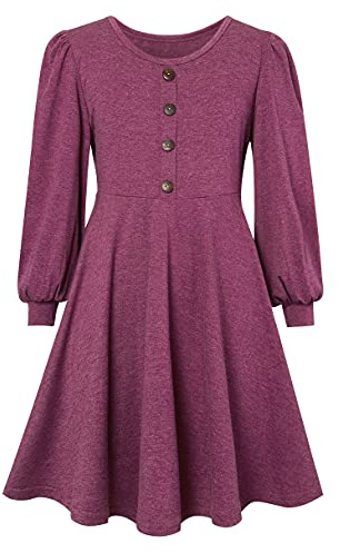 SFreeBo Girls Dress with Plain Long/Short Sleeve Cotton - Kids Casual T-Shirt Dress for 7-13 Years