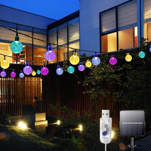 Solar String Lights Waterproof, 60LED 2 in 1 Solar Garden Lights, 26FT 8 Modes USB Powered Outdoor Fairy Lights for Patio, Gazebo, Party, Wedding Decorations (Multi-Coloured)