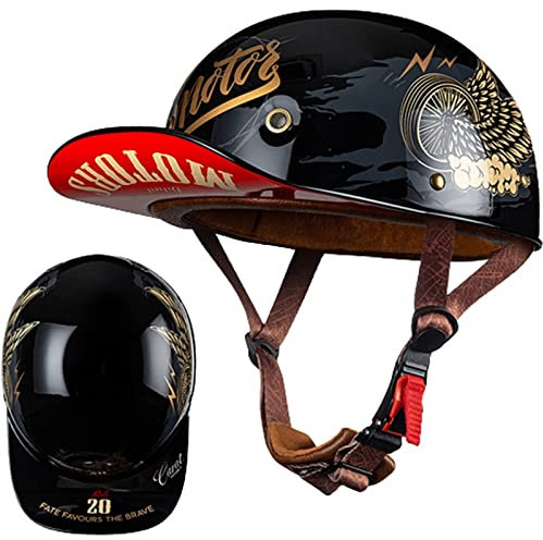 Casquette De Baseball Moto Casque Demi Vintage Casque Jet Demi Coque Mobylette Bols Casque Dot/ECE Homologué Pilote Casque De Scooter À Visage Ouvert pour Hommes Femmes E,L=59-60cm