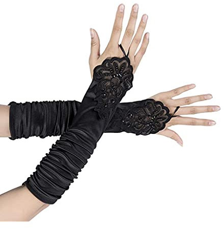 SUNTRADE Fingerlose Damenhandschuhe, Spitze, Satin, gefaltet, Brautparty, Pailletten, elegant, Schwarz , One size