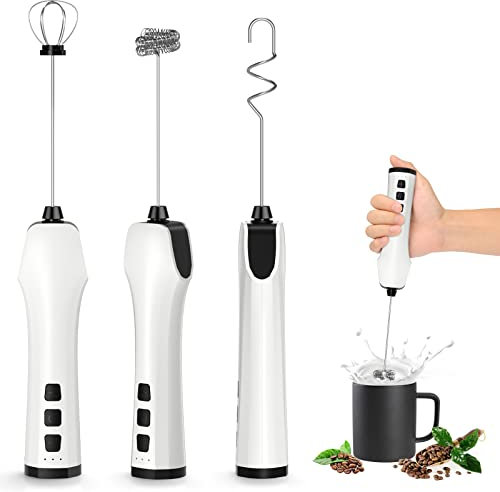 Espumador de leche de mano, recargable por USB con 3 batidores de acero inoxidable, mini mezclador de 3 velocidades ajustables para café, latte, capuchino, matcha, chocolate caliente, huevo (sin base