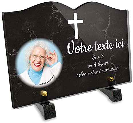 OCAP-FUNERAIRE.COM Grabschild Buch mit Foto personalisiert aus Plexiglas, Motiv christliches Kreuz, verschiedene Größen, Dicke 6 mm, personalisiert auf mehrere Linien, 22 x 15 cm