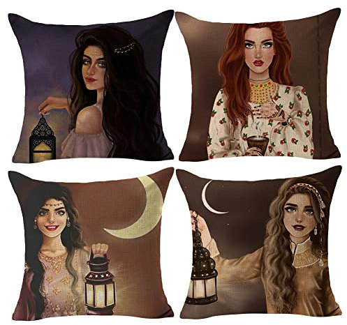 4 Stück Kissenbezüge Eid Charakter Kissenbezug 45x45 cm Leinen Quadratisch Wurfkissenbezug Dekorative Ramadan Kissenbezug für Sofa Schlafzimmer Auto